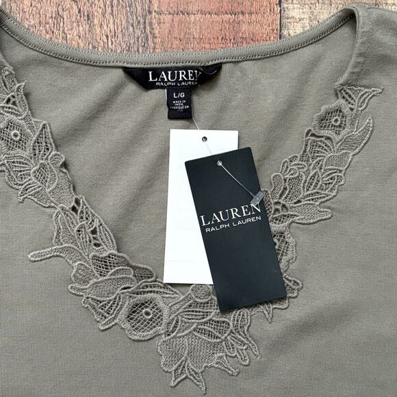 Lauren Ralph Lauren Women's Sz L Lace-Trim V-neck Stretch Cotton Top Green NWT - Picture 3 of 11